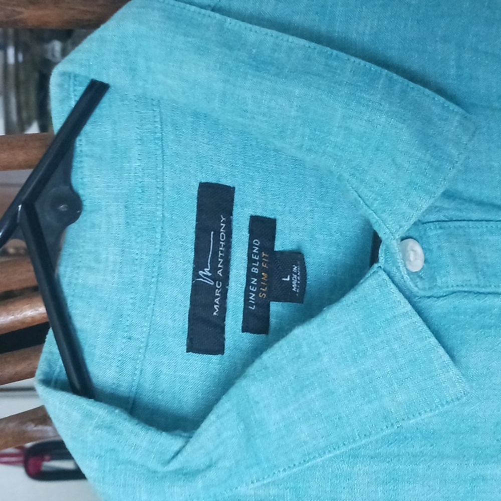 Marc Anthony Linen Blend Blue Casual Button Down Shirt - Picture 2 of 3